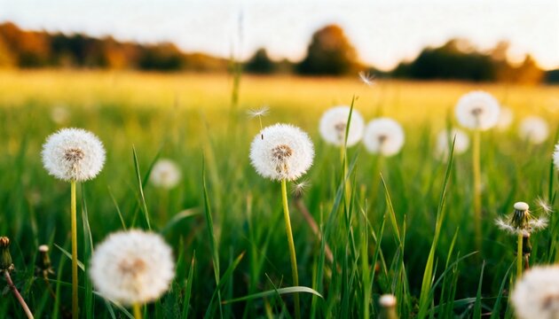 Soft focus dandelion field in golden hour light, delicate seed head with parachute ready to fly
