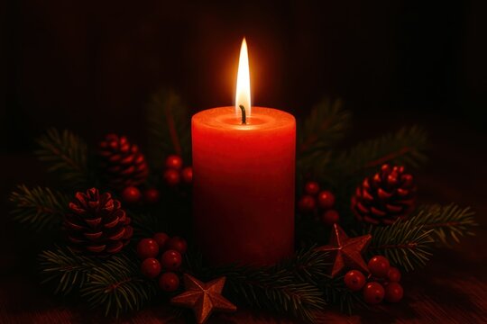 A red candle is lit on a table with pine cones and a star - Powered by Adobe