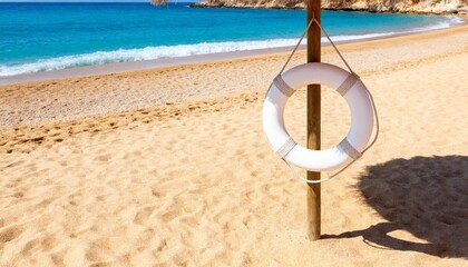 Serene beach scene with a white life preserver hanging on a weathered wooden post against turquoise ocean and golden sand