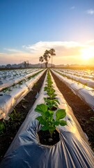 Sunrise illuminates rows of young plants in a field covered by plastic mulch