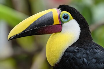 Naklejka premium Colorful toucan perched among lush greenery in a tropical setting during the daytime