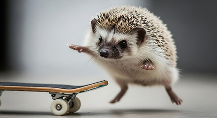 A small hedgehog jumping over a skateboard with its paws outstretched in mid-air spiky prickly