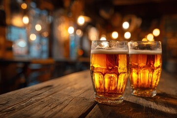 Glowing glasses of beer sit on a rustic wooden table in a lively brewery setting during the evening