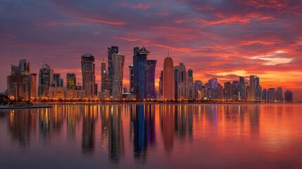 Fototapeta premium Doha Skyline Illuminates With Vibrant Colors During a Calm Sunset Over the Arabian Gulf