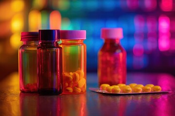 Colorful display of medicine bottles and tablets on a reflective surface at night