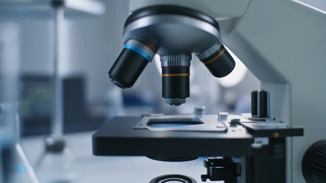 Close-up of a modern microscope analyzing a sample on a slide in a scientific research laboratory.