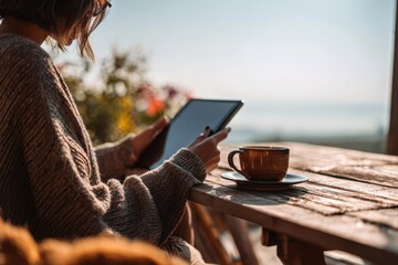 Relaxing morning with coffee and tablet in a sunlit garden setting