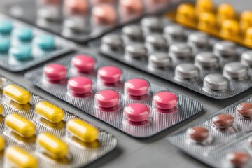 Different types of pills and capsules arranged in packs on a flat surface for medical use