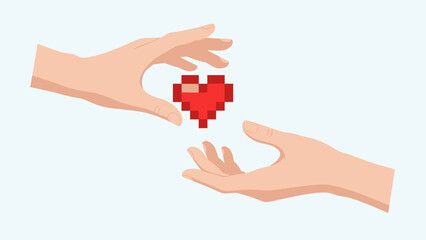 Two hands exchanging a pixelated red heart, symbol of love.