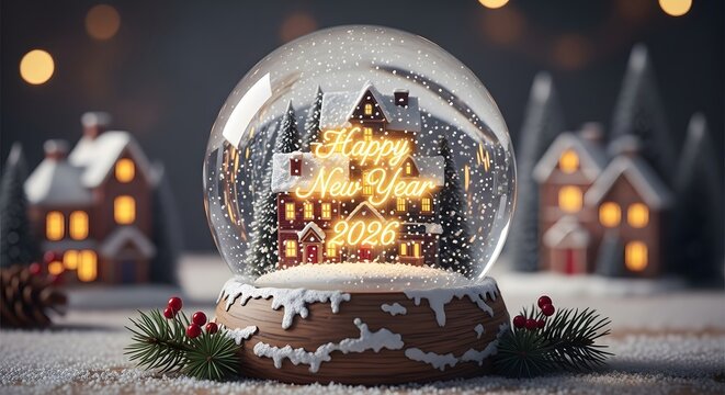 Magical christmas snow globe with illuminated christmas tree and cozy village scene