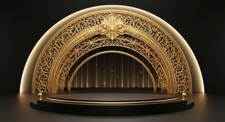A luxurious black and gold stage with intricate gold designs and a black curtain backdrop.