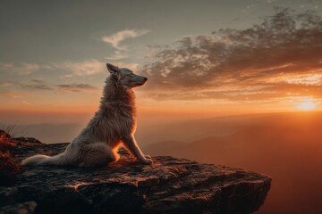 Dog gazes at sunset from mountain cliff, showcasing nature's beauty during golden hour