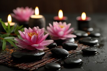 Relaxing spa scene with water lilies, candles, and smooth stones creating a tranquil atmosphere in a wellness setting