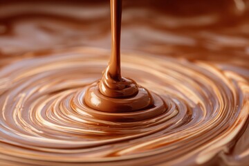 Smooth, rich chocolate flows in waves as it mixes in a warm bowl, creating a tempting dessert base