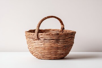 Woven basket made of natural materials resting on a clean surface in a well-lit indoor space