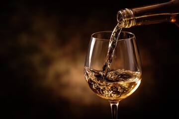 Pouring white wine into a glass on a dark background creates an elegant atmosphere for a special occasion or dinner