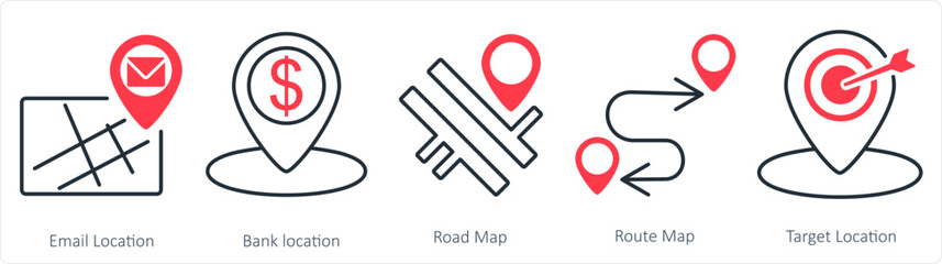 A set of 5 business icon as email location, bank location, road map