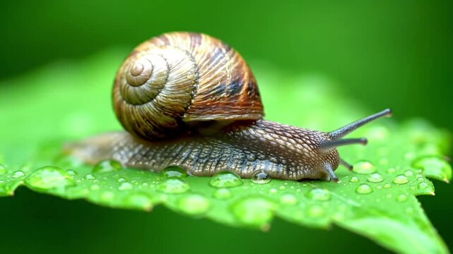 Macro shot of a garden snail slowly traversing a vibrant green hosta leaf, leaving a subtle, glistening trail on the dewy surface. Extreme close up, eye level with the snail, emphasizing its?