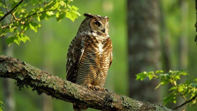 The intense, focused gaze of a majestic owl, capturing its predatory instinct and wisdom within a dense forest environment. Close up, high detail, shallow depth of field
