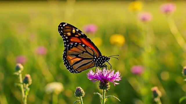 A vibrant monarch butterfly gracefully flitting between sun drenched wildflower blossoms in a lush meadow, captured in a slow motion, close up shot. macro perspective