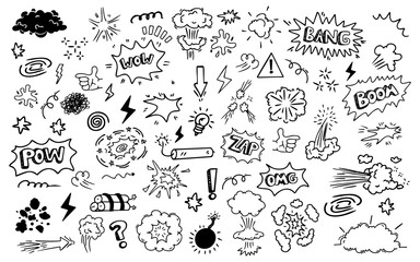 Doodle comic sound effect pack bang paw zap explosion element