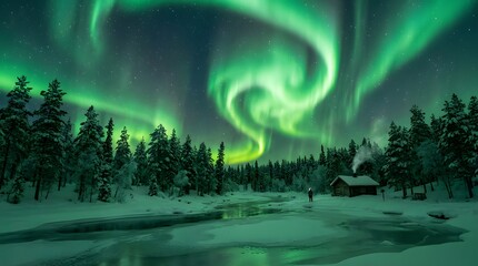 Spectacular Northern Lights illuminate a magical winter wonderland, casting vibrant green hues over a snowy forest and frozen river with a quaint, cozy cabin
