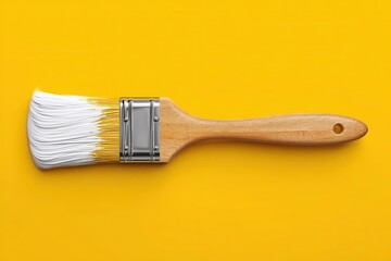 Bright paintbrush resting against a vibrant yellow background for creative inspiration