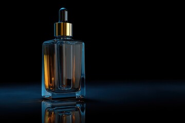 Elegant glass bottle filled with a dark liquid reflects light in a studio setting during nighttime
