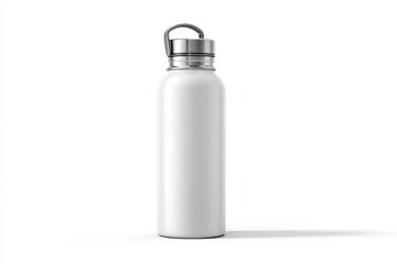 Simple stainless steel water bottle standing on a white background in a well-lit space showcasing its sleek design
