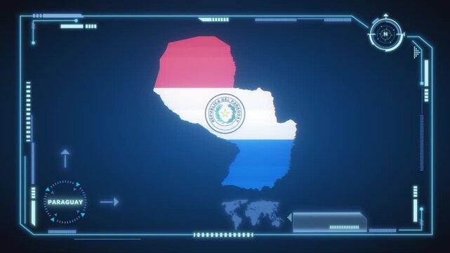 Futuristic Digital Paraguay map HUD animation, global network cyber technology, government, Country Map, Politics, Travel, News, and Sports Events.