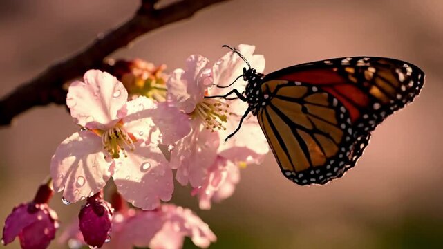 Macro shot of delicate cherry blossoms swaying gently in a soft breeze, showcasing intricate petal details and glistening dew drops. Capturing the ephemeral beauty and fragility of spring's first?