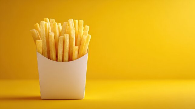 A close up of french fries in a white container on a yellow background with copy space to the right