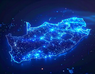 Digitally rendered outline of a continental landmass in blue, against a dark background