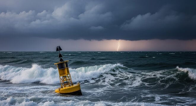 A yellow buoy floating in the ocean with a lightning bolt in the distance.