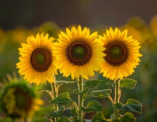 Obraz premium Three vibrant sunflowers in a field, bathed in warm sunlight, with a soft background