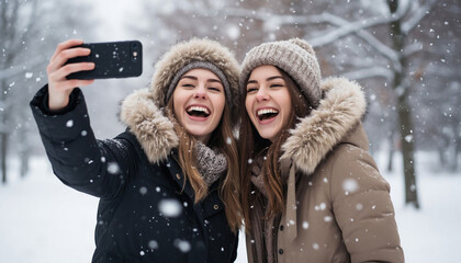 Two young women taking a selfie with a smartphone in a snowy park