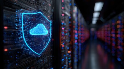 A glowing cloud icon within a shield on a server rack in a data center for cloud security concept