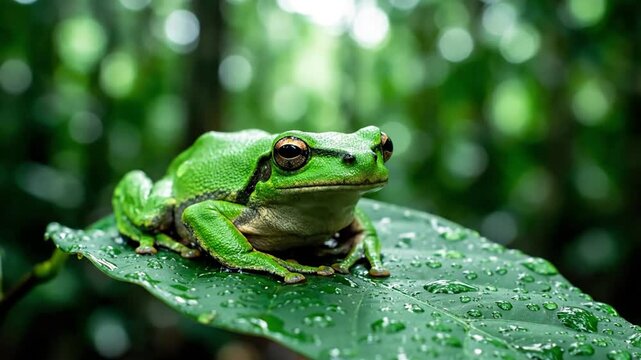 A vibrant tree frog camouflaged on a lush, dewy leaf, showcasing intricate skin patterns and natural beauty in a rainforest setting. Close up, detailed shot emphasizing texture and natural camouflage.