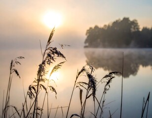 Sunrise over a tranquil lake with reeds in the foreground and a hazy island in the distance