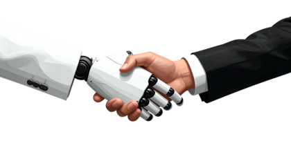 Human and robotic hand shaking against black background, symbolizing collaboration