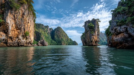 Dramatic tropical seascape of khao phing kan limestone cliffs rising above emerald phang nga bay in southern thailand, serene summer travel destination with vibrant coastal scenery and iconic karst fo