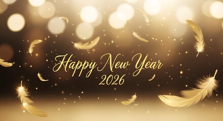 Elegant happy new year 2026 celebration with golden feathers and bokeh lights