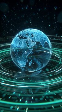 Futuristic Digital Earth Globe with Glowing Green Rings and Blue Particles, Global Network Data Flow.