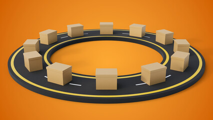 Asphalt road with delivery or parcel boxes isolated on a yellow background. Concept of transport, delivery, travel, logistics and transportation. Online shopping and delivery concept. Roundabout.