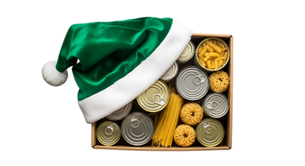 Christmas food bank donation box with santa hat isolated on transparent background
