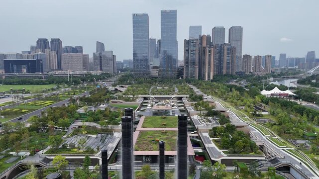 Chengdu Skyline Aerial View with Modern Tower and Green Rooftop Mall, Sichuan