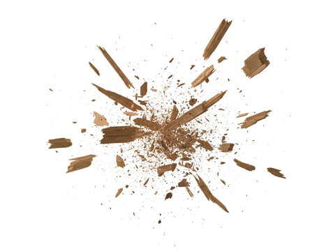Wood shavings and splinters exploding outwards isolated on transparent background