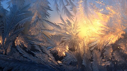 Intricate frost patterns on glass with warm sunset light, winter season, cozy atmosphere