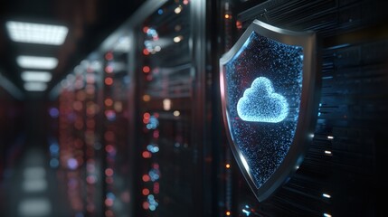 Cloud security shield in a server room showing data protection and cybersecurity concept view