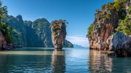 Dramatic tropical seascape of khao phing kan limestone cliffs rising above emerald phang nga bay in southern thailand, serene summer travel destination with vibrant coastal scenery and iconic karst fo
